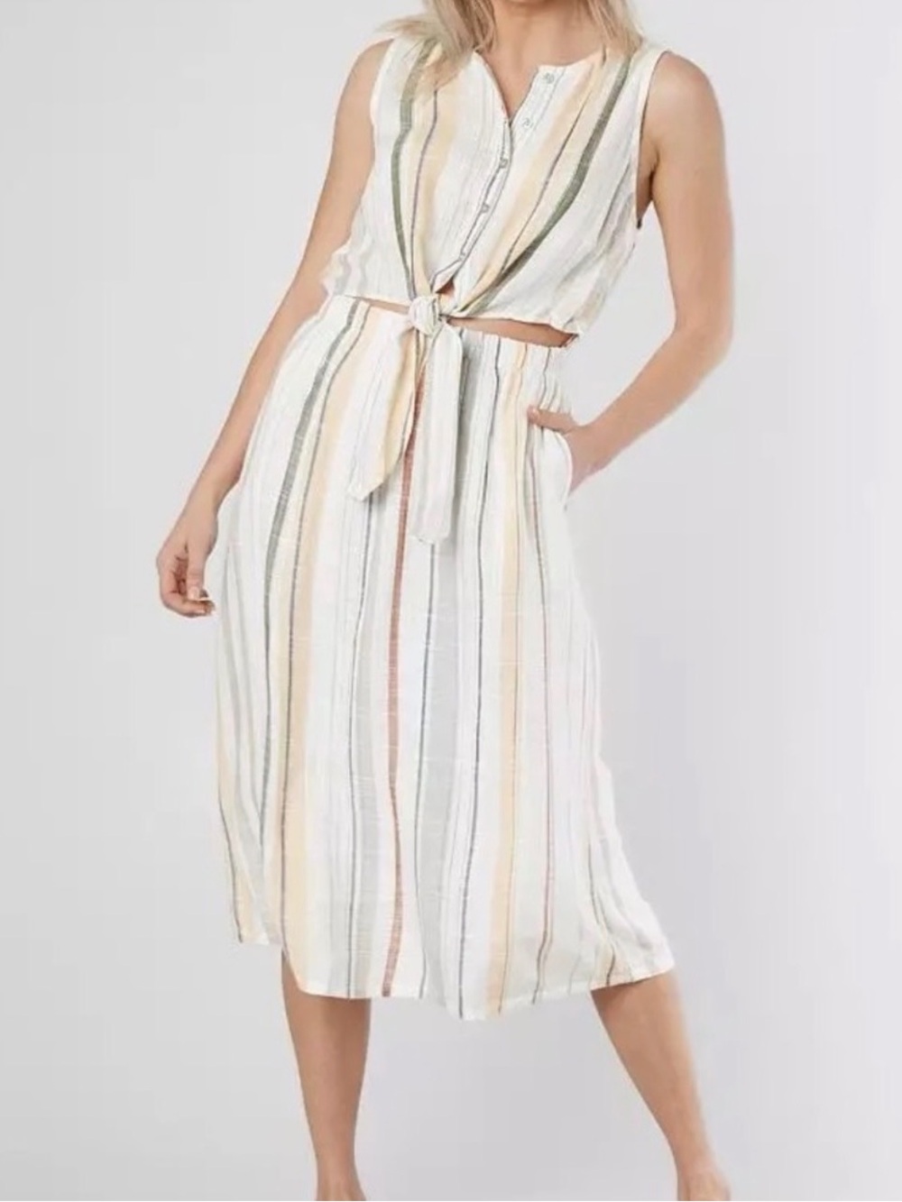 RVCA White Midi Dress with Pastel Stripes front cut out